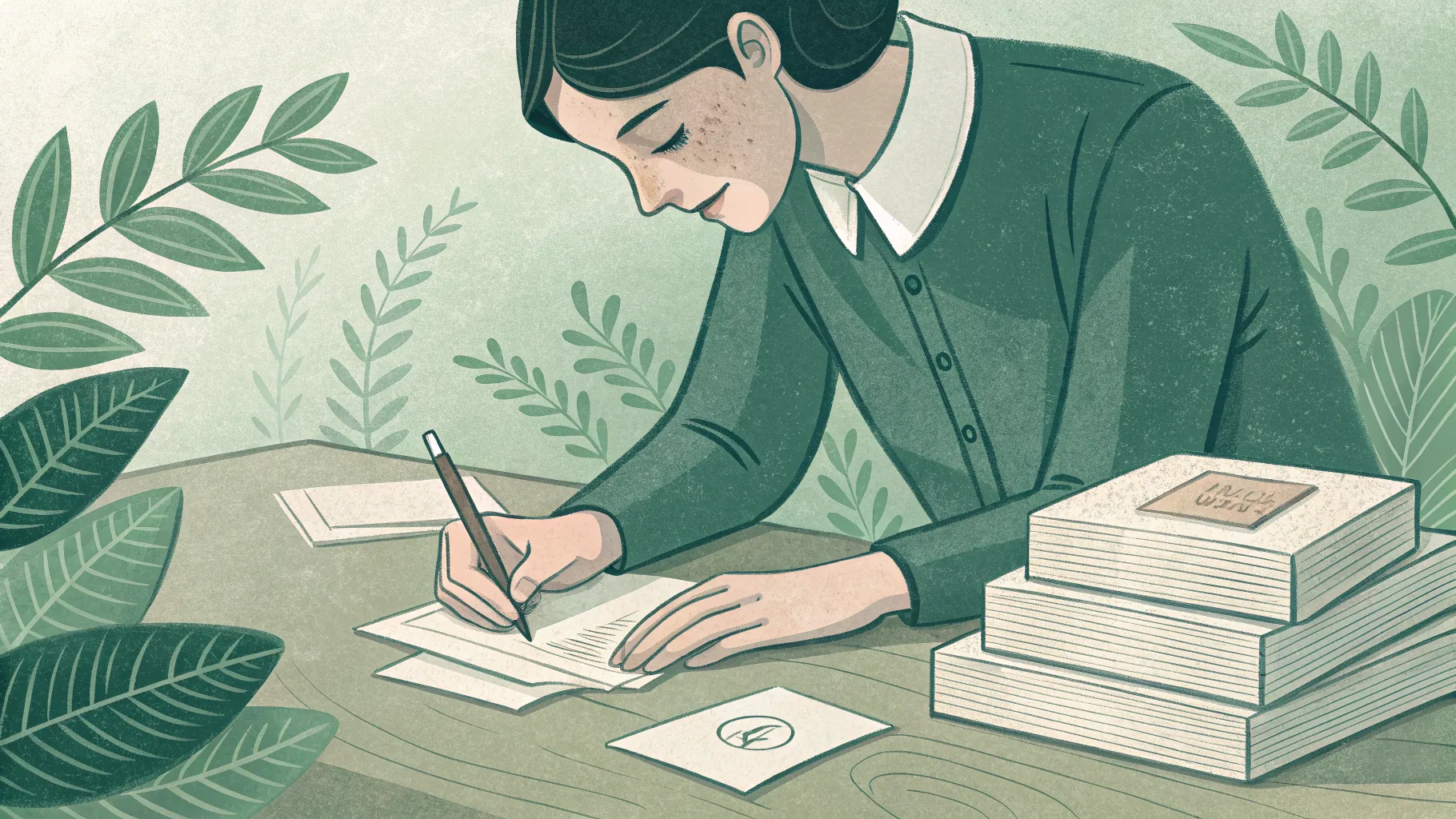 A person sitting at a desk calmly writing a brief completion note before switching to a new task. Nearby, a stack of closed task cards signals cognitive resolution. The scene communicates intentional transition, the brief but essential act of mentally closing one thing before opening the next. Green #10B981 and cream palette, editorial illustration, no text.