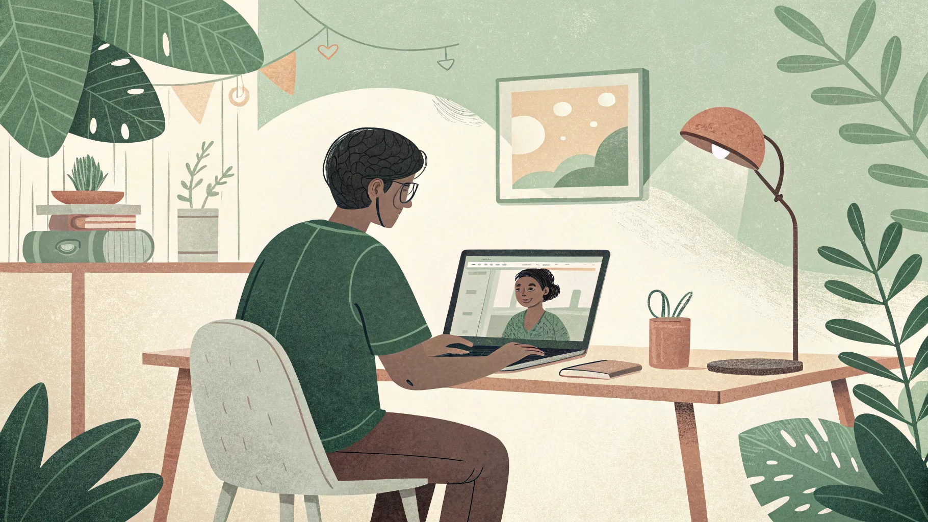 Two people working at separate desks in a calm shared space, each engaged with their own work. The scene communicates productive quiet co-presence: the simple fact that someone else is nearby making focused work possible. Warm light, minimal setting.