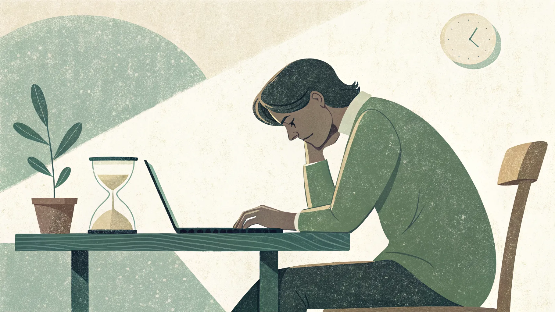 A student working alone at a desk in stillness, an hourglass nearby, practicing deep work