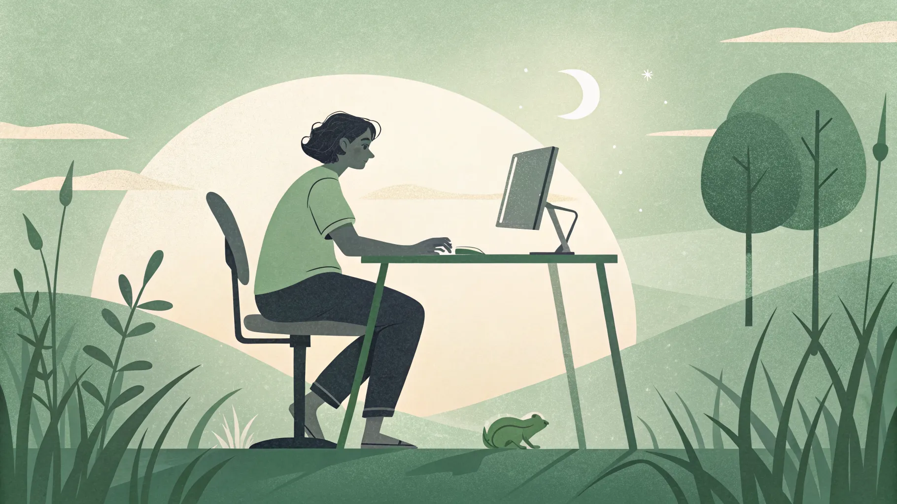 A knowledge worker at a quiet desk in early morning light, preparing for a single focused task with an hourglass nearby