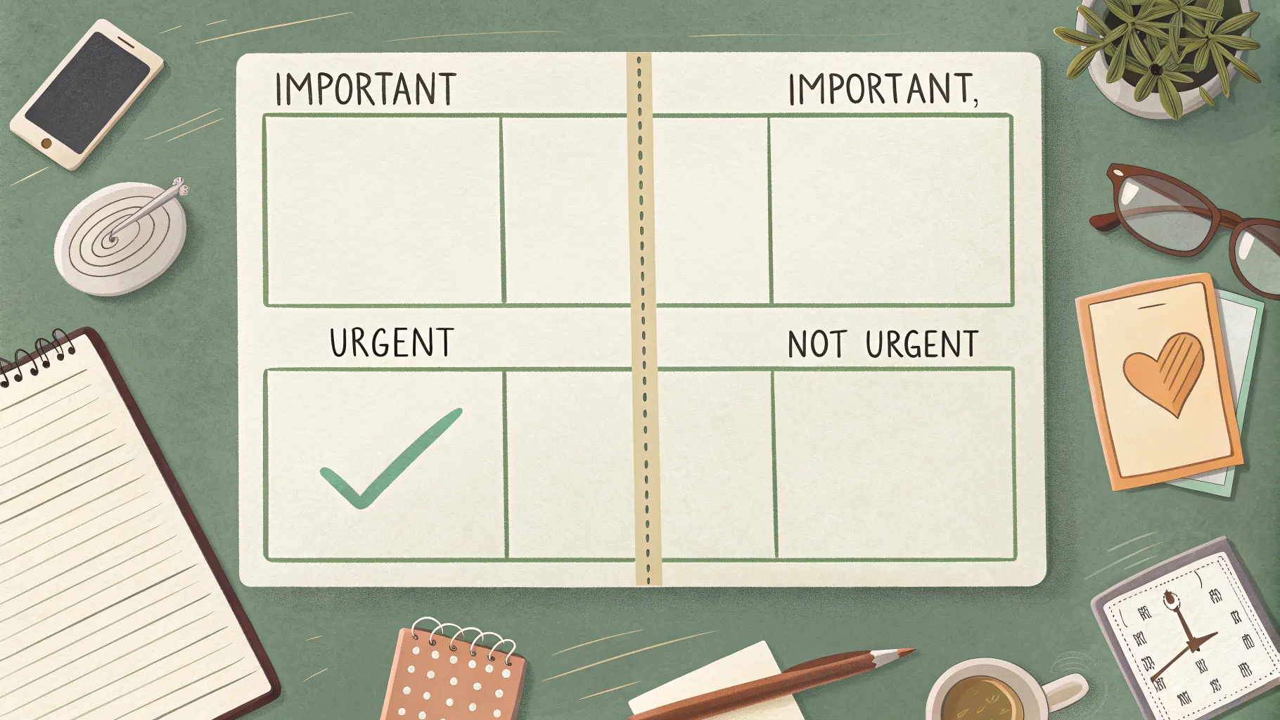 A clean, minimal workspace showing a four-quadrant diagram on paper, with a calm person thoughtfully placing task cards into their correct positions. The mood communicates clarity from structure, decisions becoming visible. Green #10B981 and cream palette, editorial illustration style.