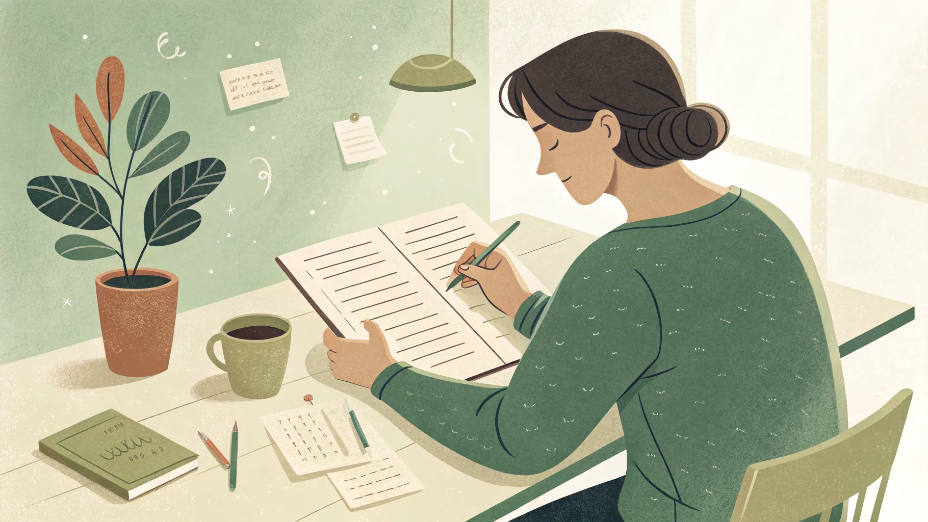 A person at a quiet desk in evening light, writing a list of six tasks on paper, calm and deliberate, preparing for tomorrow with full intention