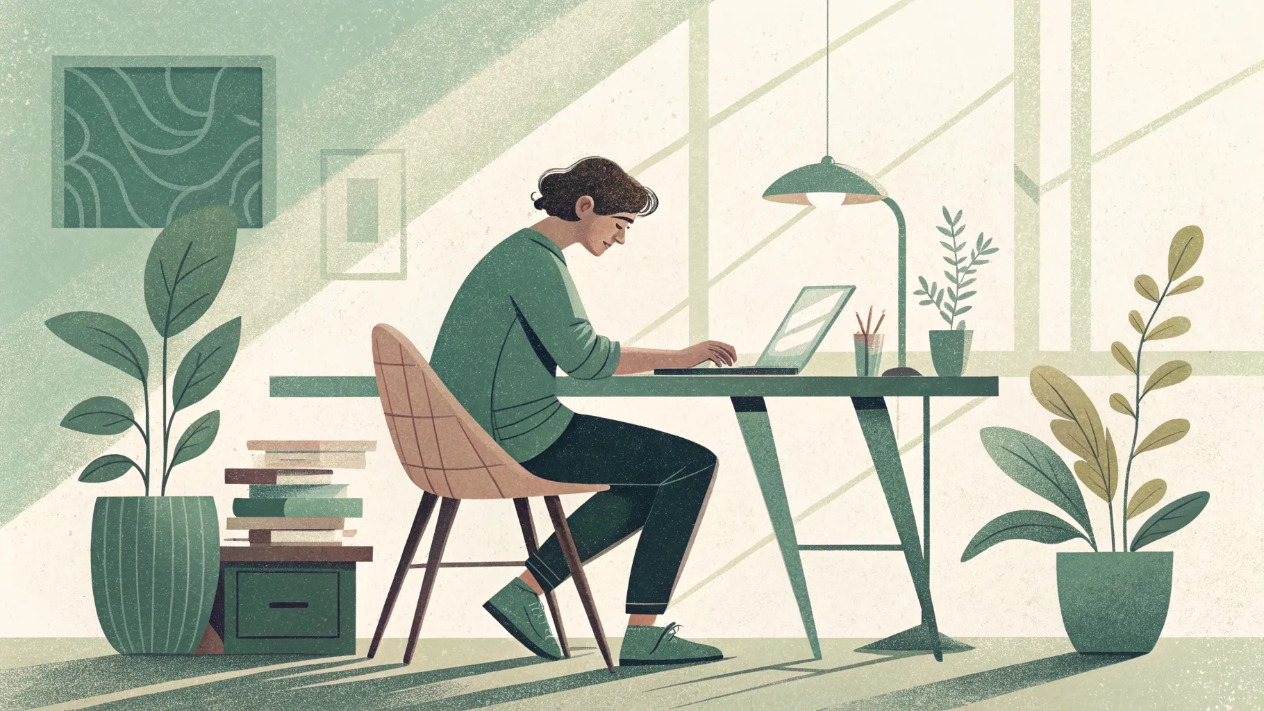 A knowledge worker in morning light, one clear task in front of them, everything else deliberately set aside