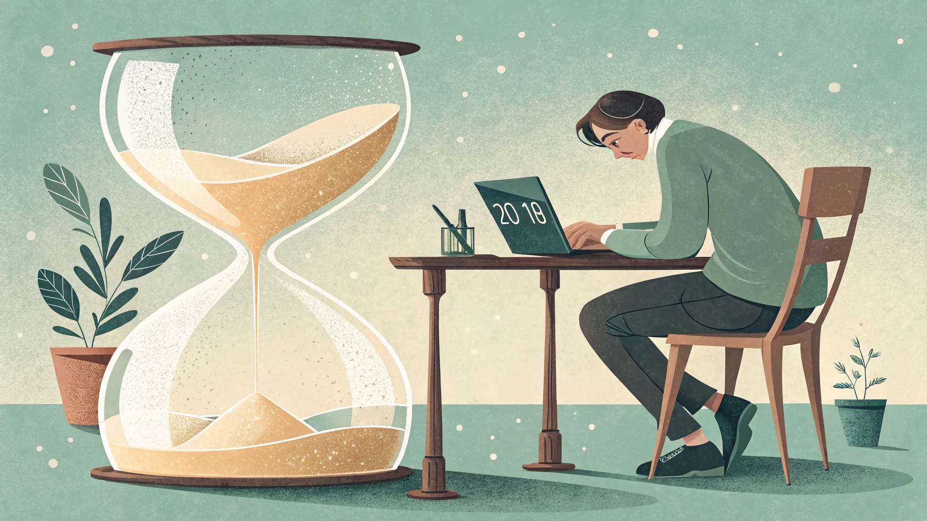 A person at a clean desk working within a clearly visible time boundary, an hourglass with actively flowing sand nearby, the scene communicating productive urgency and constraint rather than stress