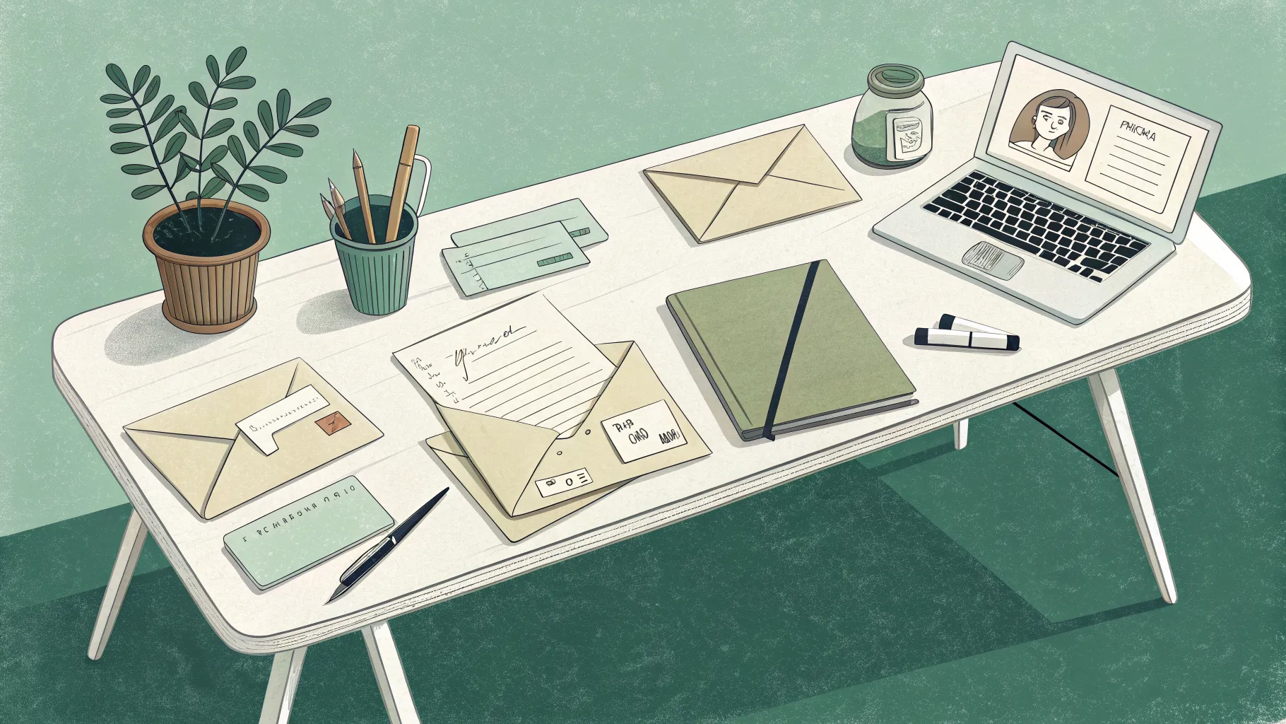 A focused person at a clean desk working through a stack of similar task cards in a single session. Beside them, other stacks for different task types wait their turn. The scene communicates focused, sequential completion without the chaos of constant switching. Green #10B981 and cream palette, editorial illustration, no text.