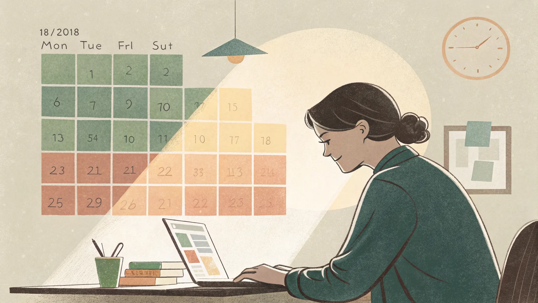 A person at a quiet desk reviewing a week of time data laid out in front of them, categorized into clear sections, an expression of calm clarity as patterns become visible