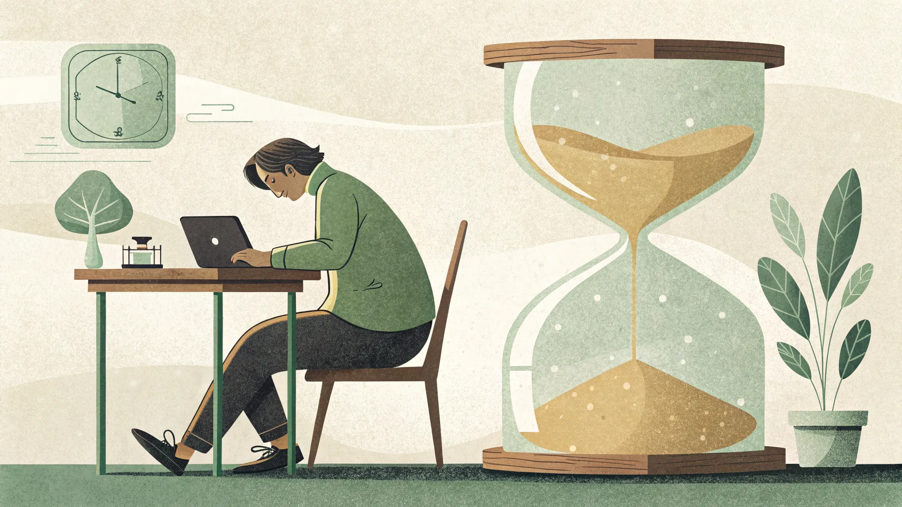 A person at a quiet desk, calendar blocks visible as structured abstract shapes in the background, working within a clearly defined time boundary