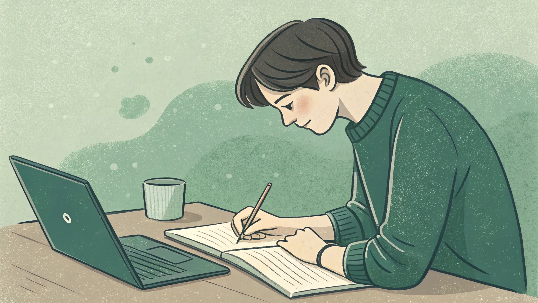 A person at a desk on a quiet weekend afternoon, an open notebook in front of them, reviewing the week with calm reflection, a cup of tea nearby, unhurried and intentional